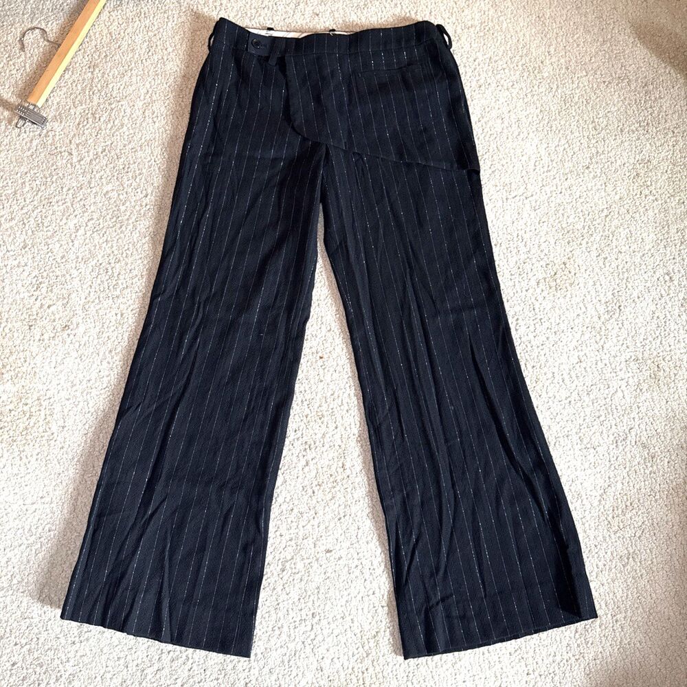 Vtg 90's Atsuro Tayama Black Wool Wide Leg Pinstripe Trousers Size US 6/EU 30